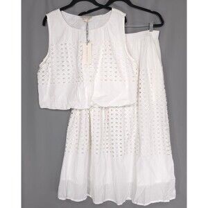 JENNIFER & GRACE New Eyelet 2Pc Set Skirt Crop Top White Sleeveless LARGE CT7015